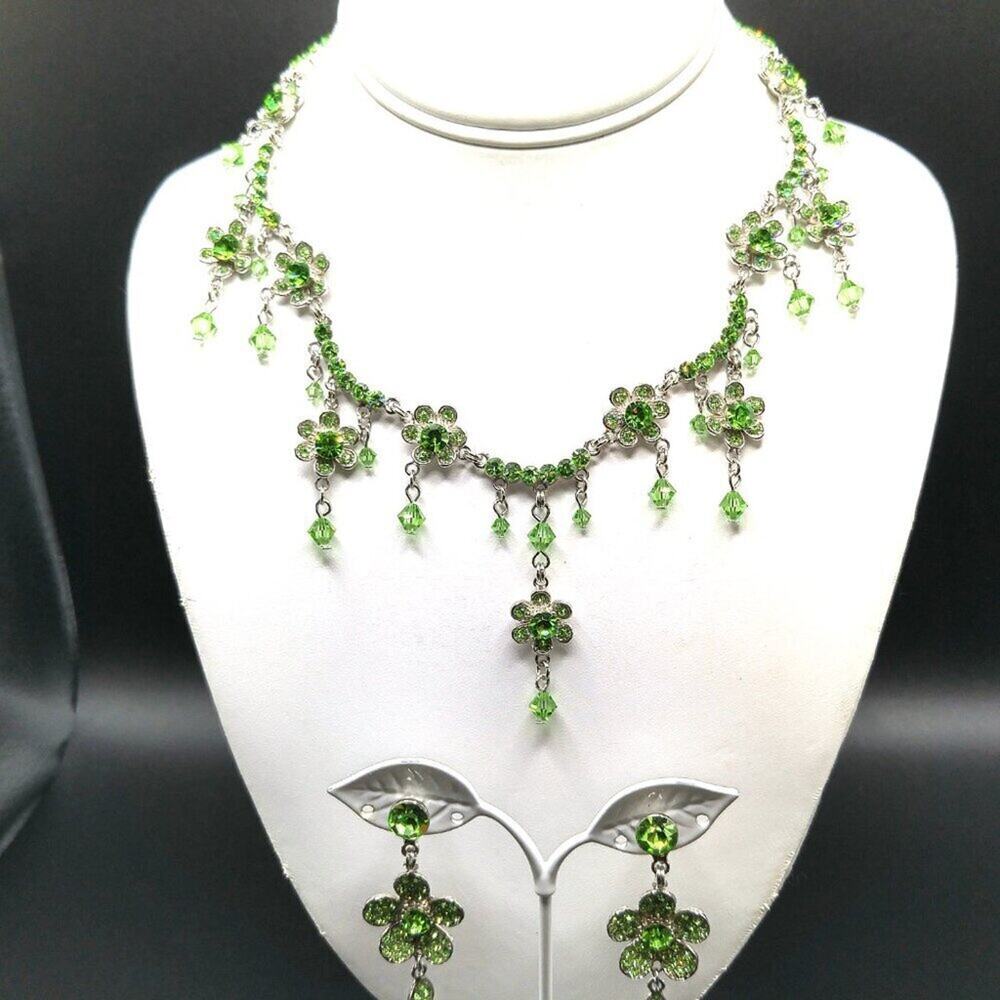 Vintage KU-AI Green Rhinestone Crystal Necklace Earrings Set Formal Bridal